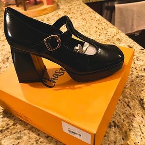 NWT Black Patent Platform Heels with T-Strap